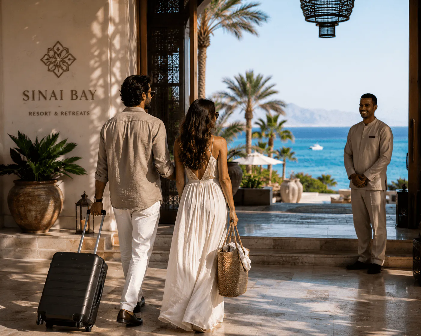 A couple arriving at the resort